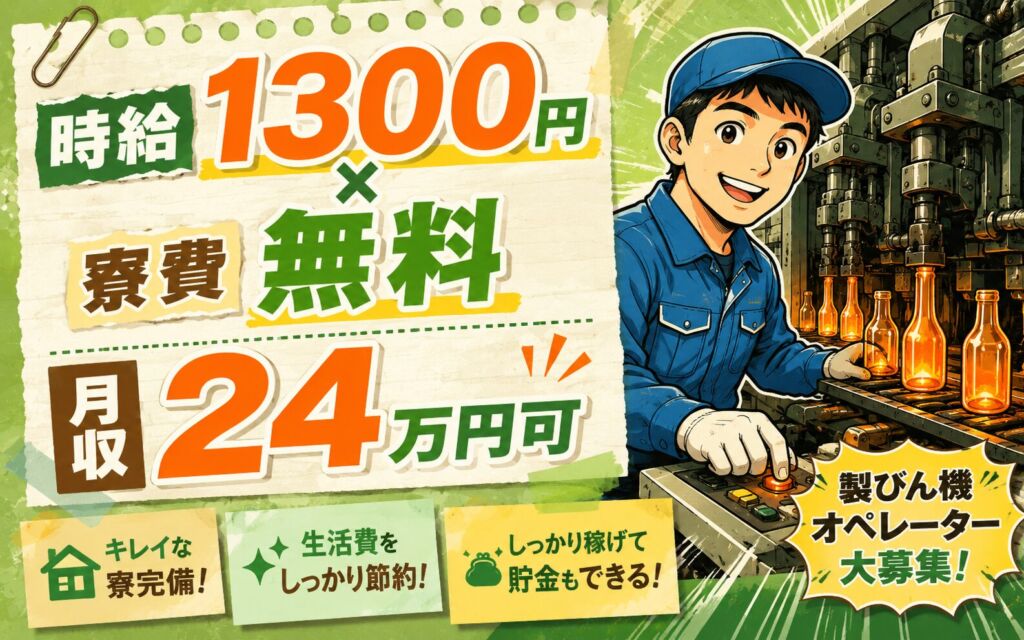 個室寮無料×時給1300円×2交替！製びん機オペレーター／月収24万円可・千葉市川・男性活躍