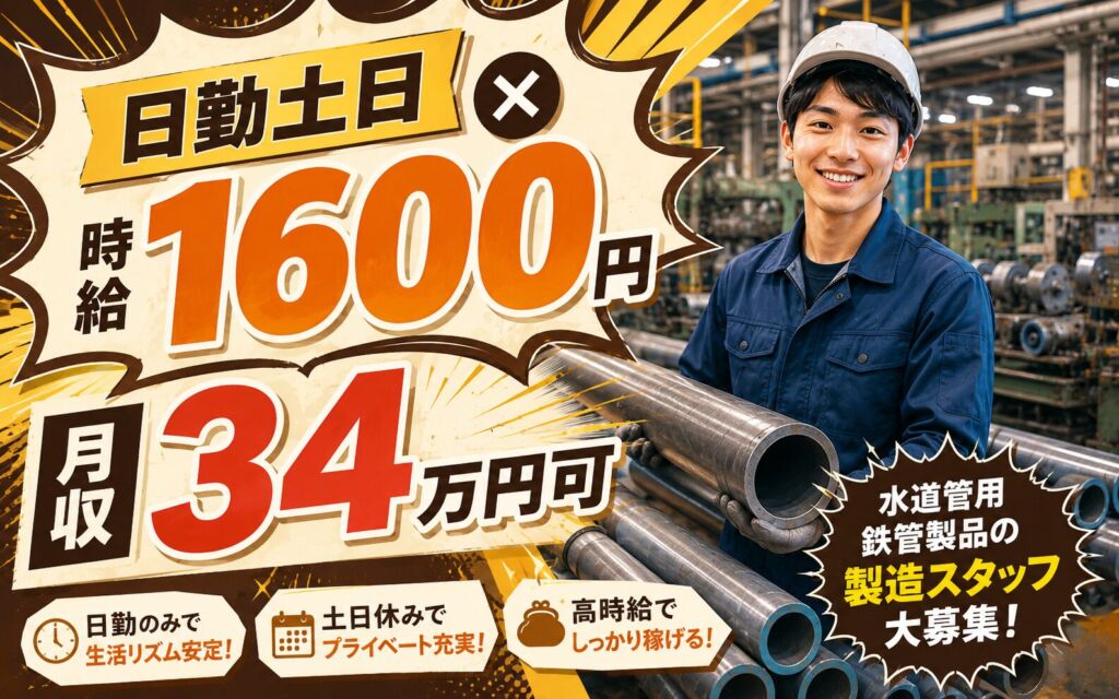 個室寮無料×時給1600円×日勤土日休み！水道管用鉄管製品の製造／月収34万円可・千葉船橋・男性活躍