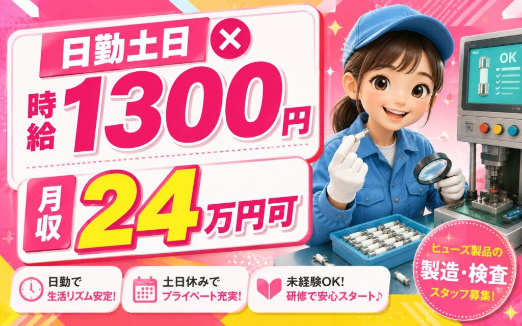 時給1300円×日勤土日休み！ヒューズ製品の製造・検査／月収24万円可・茨城阿見町・男女活躍