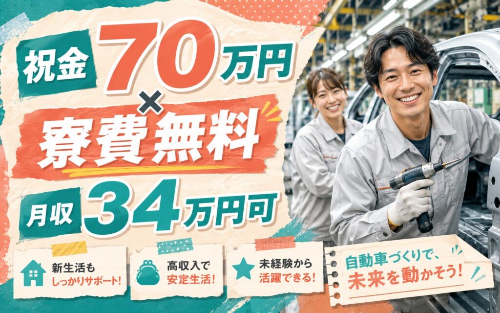 無期雇用×個室寮無料×祝金70万円！自動車の製造業務／月給23万・月収34万円可・岐阜各務原