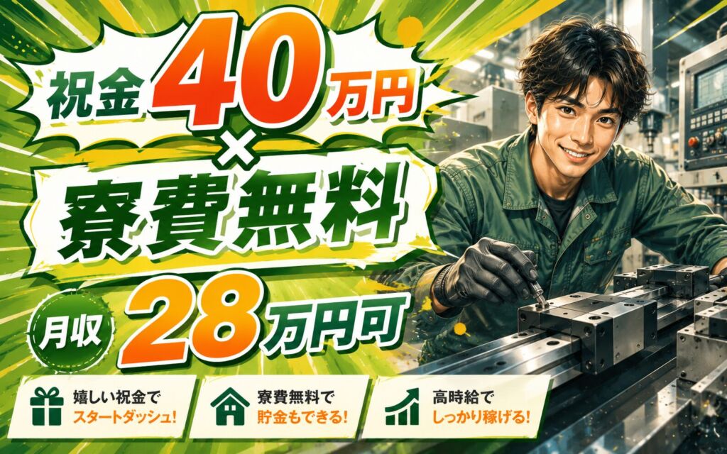 祝金40万円×個室寮無料×時給1700円！リニアガイドの組立・加工／月収28万円可・埼玉羽生・50名募集