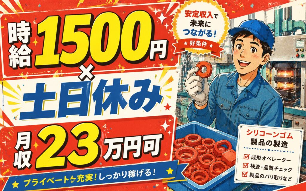 個室寮無料×時給1500円×3班3交替土日休み！シリコーンゴム製品の製造／月収23万円可・埼玉神川町
