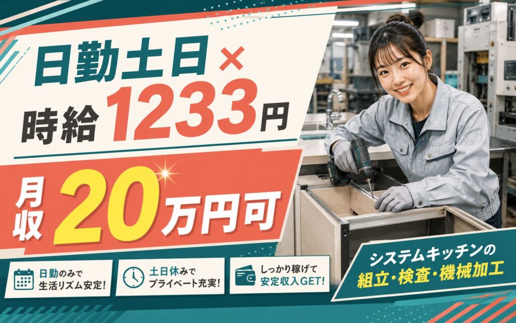 個室寮×時給1233円×日勤土日祝！システムキッチンの組立・検査・機械加工／月収20万円可・埼玉深谷