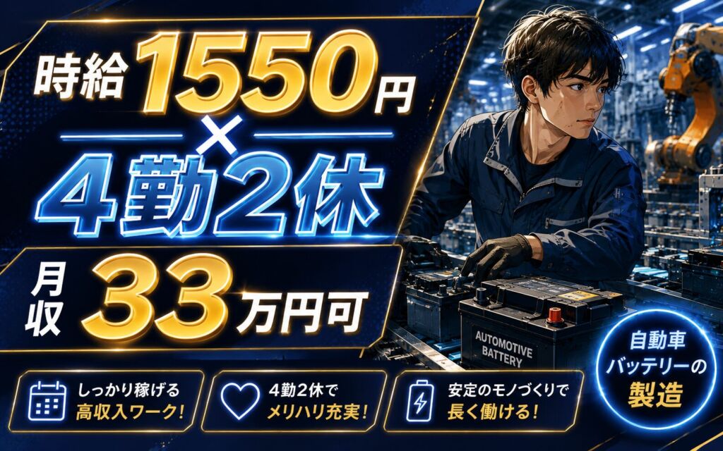 個室寮無料×時給1550円×2交替4勤2休！自動車バッテリーの製造／月収33万円可・埼玉深谷・男性活躍