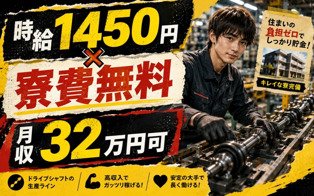 個室寮無料×時給1450円×2交替！ドライブシャフトの生産ライン／月収32万円可・埼玉神川町・男性活躍
