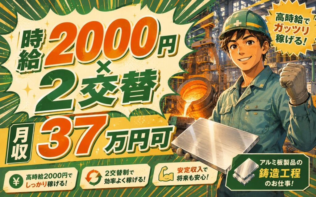 時給2000円×2交替シフト！アルミ板製品の鋳造工程／月収37万円可・埼玉深谷・男性活躍