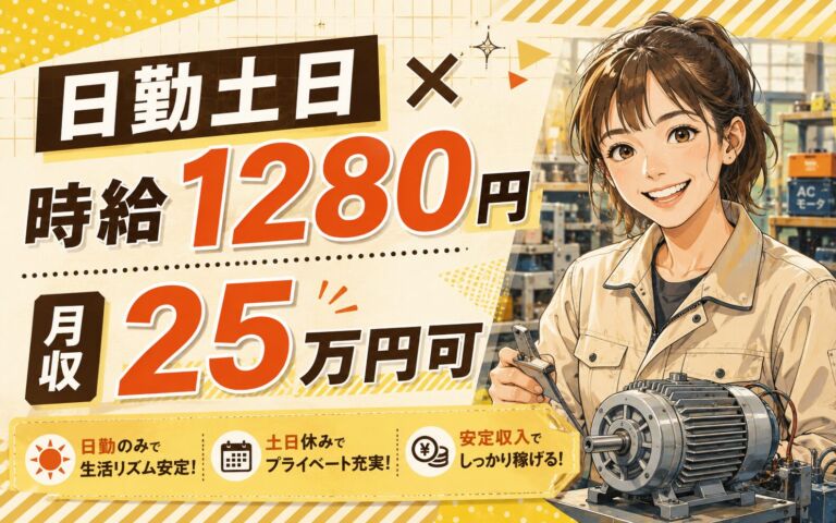 個室寮×時給1280円×日勤土日祝休み！ACモータの製造・検査／月収25万円可・埼玉入間・男女活躍