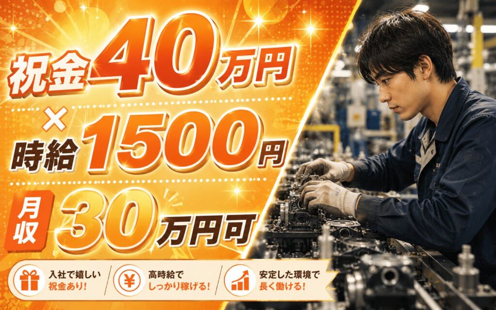 祝金40万円×個室寮無料×時給1500円×2交替！輸送用機器部品の製造／月収30万円可・埼玉ときがわ町