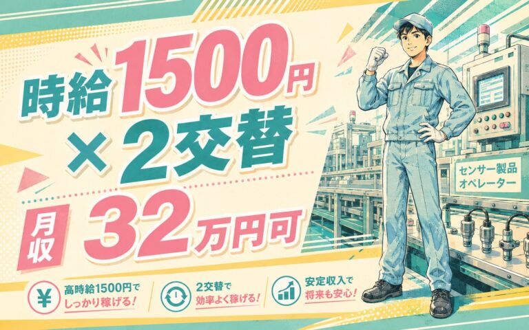 個室寮（8割補助）×時給1500円×2交替！センサー製品のオペレーター／月収32万円可・埼玉行田・男性活躍