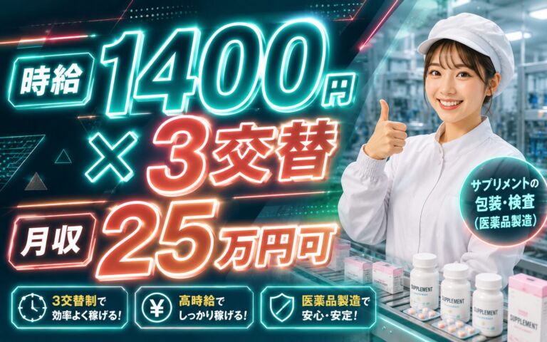 個室寮×時給1400円×3交替！サプリメントの包装・検査（医薬品製造）／月収25万円可・埼玉川越・16名募集