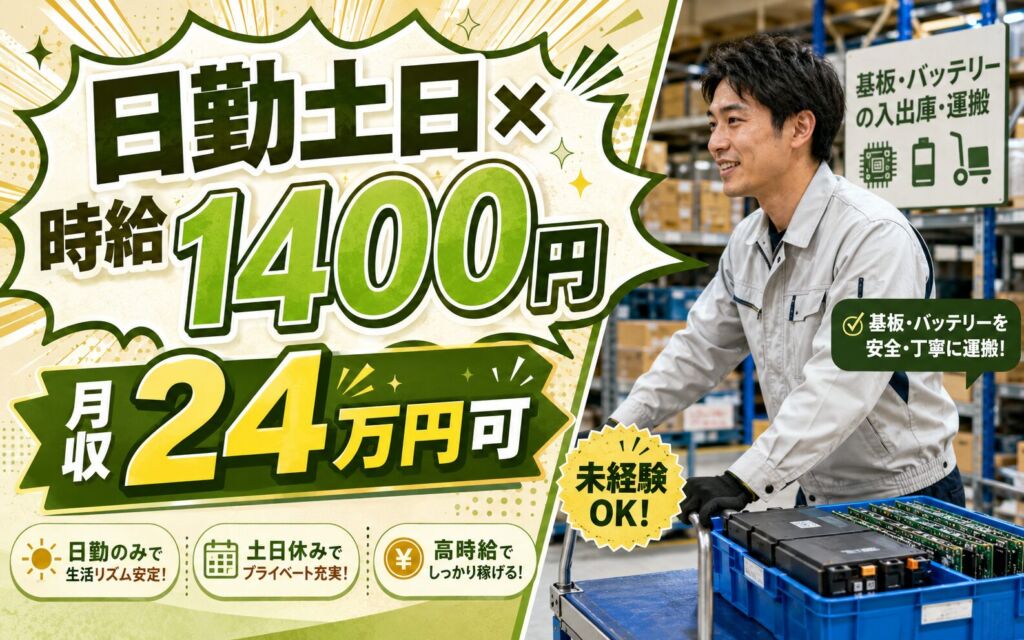個室寮無料×時給1400円×日勤土日祝！基板・バッテリーの入出庫・運搬／月収24万円可・埼玉川越・男性活躍
