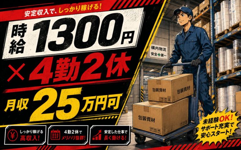 個室寮×時給1300円×2交替4勤2休！包装資材の構内物流・開梱／月収25万円可・埼玉狭山・男性活躍