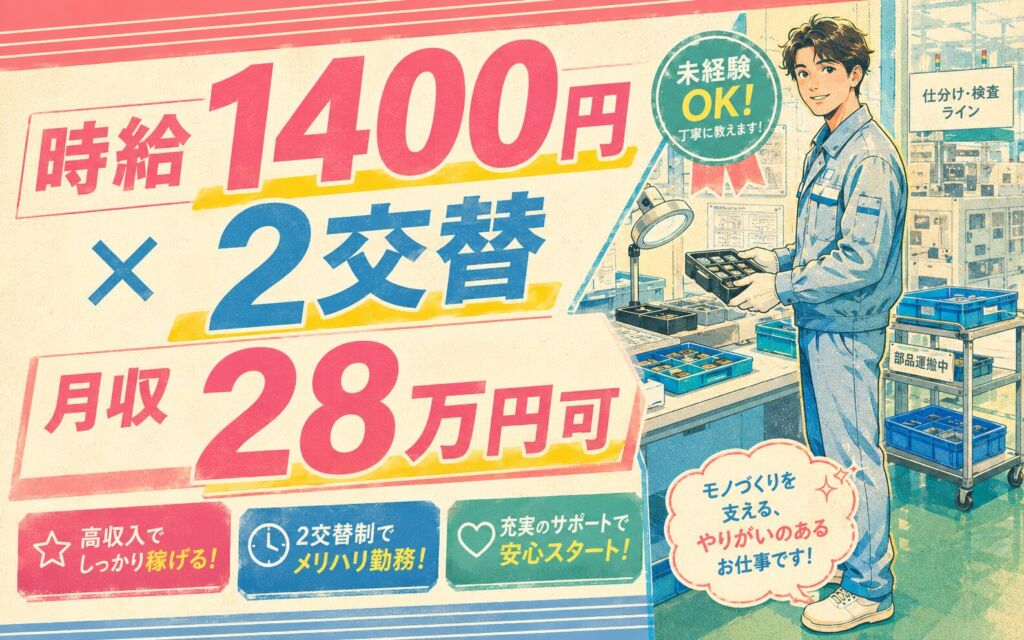 個室寮（7割補助）×時給1400円×2交替！半導体・カメラ部品の仕分け検査／月収28万円可・埼玉ふじみ野