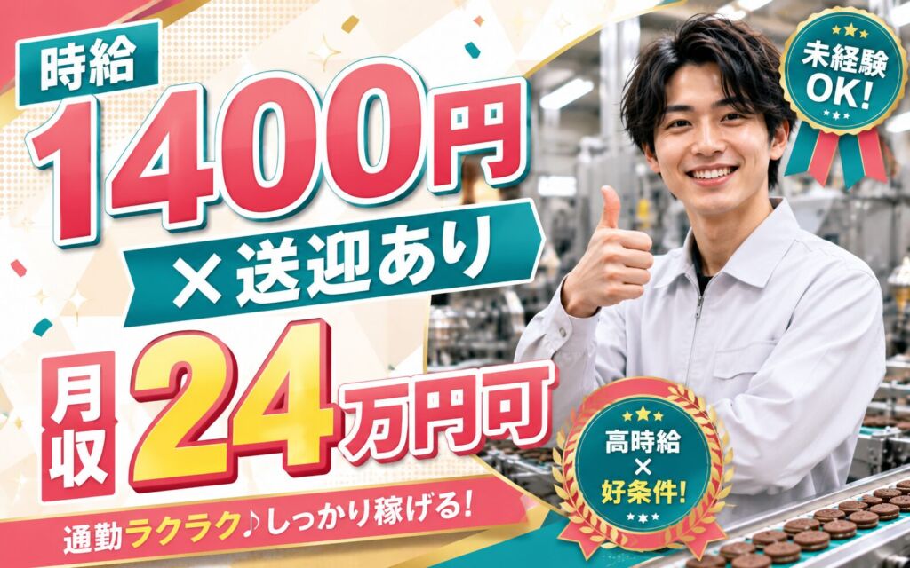 個室寮×送迎あり×時給1400円×3交替！お菓子の製造／月収24万円可・埼玉狭山・20名募集・男性活躍