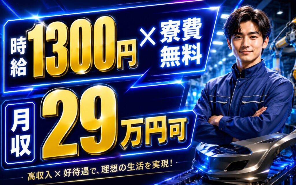 個室寮無料×時給1300円×2交替！自動車外装部品の製造／月収29万円可・埼玉飯能・男性活躍