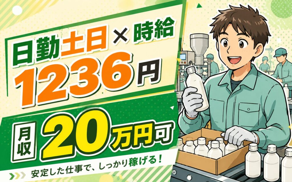 個室寮×時給1236円×日勤土日祝休み！充填機オペ補助・検品・梱包／月収20万円可・埼玉狭山・男女活躍