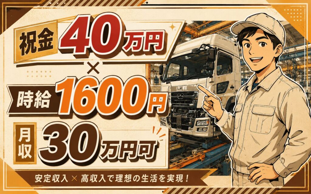 祝金40万円×個室寮無料×正社員登用！大型トラックの製造業務／時給1600円・月収30万円可・埼玉上尾