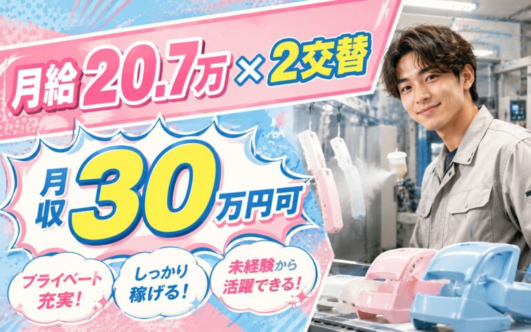 個室寮（8割補助）×月給20.7万×2交替！プラ製品の塗装マシンOP・検査／月収30万円可・埼玉行田・男女活躍