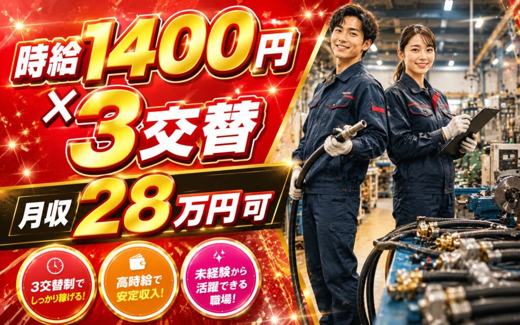 個室寮無料×時給1400円×3交替！ホースの切断・金具取付・検品／月収28万円可・埼玉加須・男女活躍