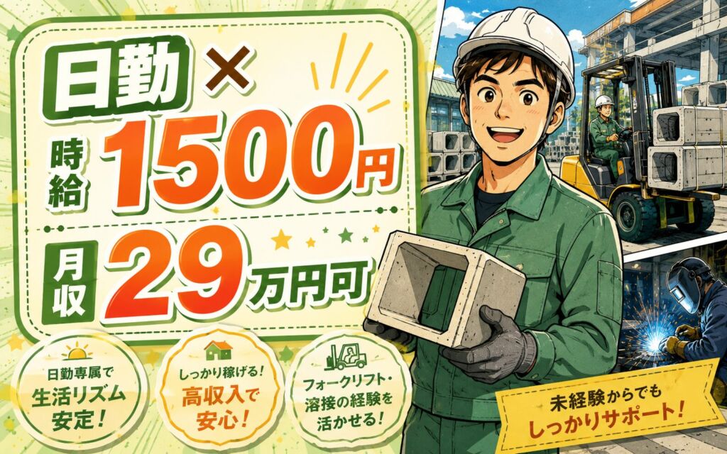 個室寮無料×時給1500円×日勤！コンクリート製品の製造（フォーク・溶接活かす）／月収29万円可・東京瑞穂町