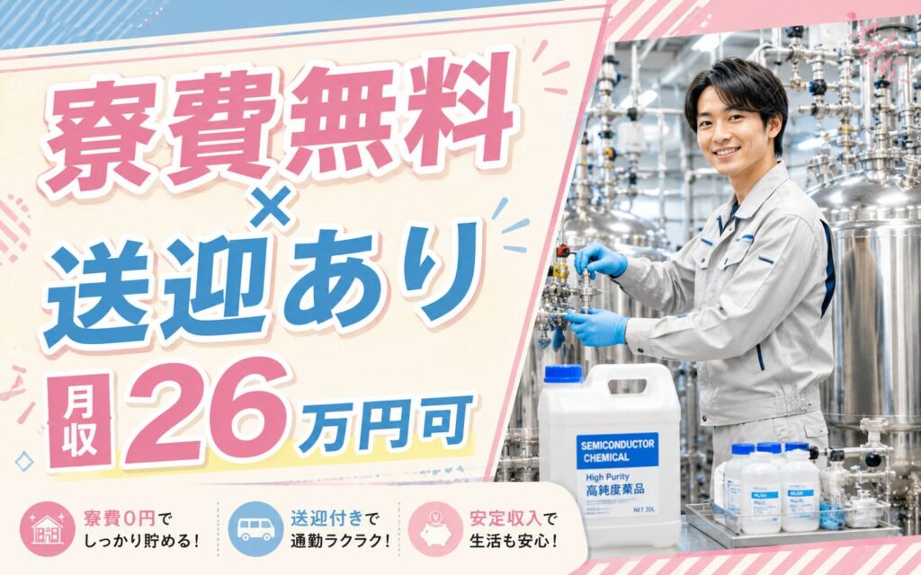 個室寮無料×送迎あり×月給23.5万円！半導体製造用薬品の製造／月収26万円可・山梨上野原・男性活躍