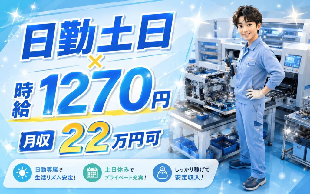 時給1270円×日勤土日祝休み！基板実装装置のユニット組立／月収22万円可・山梨甲府・男女活躍