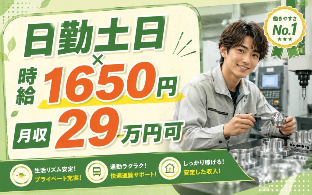 個室寮無料×送迎あり×時給1650円×日勤土日祝！精密部品の加工・検査／月収29万円可・山梨甲府・男性活躍