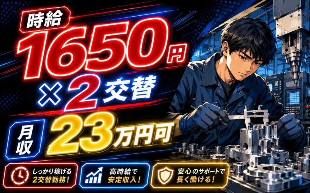 個室寮無料×送迎あり×時給1650円×2交替！精密部品の加工・検査／月収23万円可・山梨甲府・男性活躍