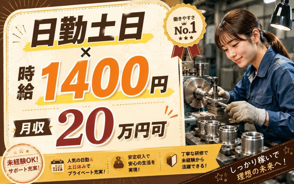 個室寮×時給1400円×日勤土日祝！金属の機械加工（旋盤・フライス盤）／月収20万円可・東京町田・正社員登用