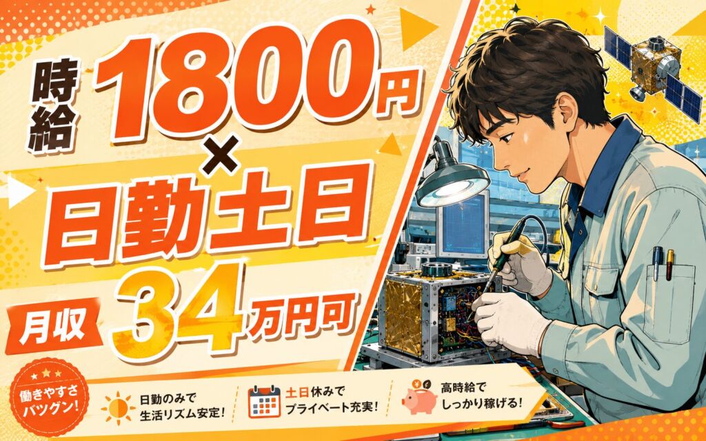 個室寮無料×時給1800円×日勤土日祝！人工衛星搭載機器の組立・配線・検査／月収34万円可・東京府中