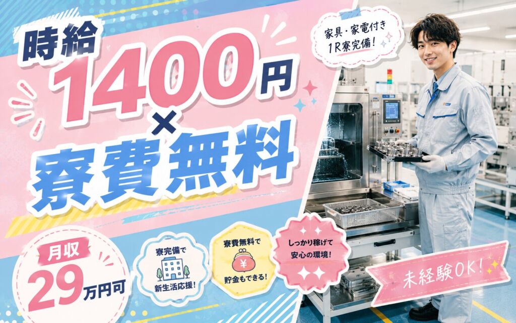 個室寮無料×時給1400円×3交替！半導体金属部品の検査・洗浄／月収29万円可・山梨南都留・男女活躍