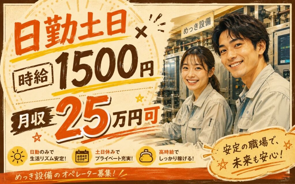 個室寮無料×時給1500円×日勤土日祝！めっき設備のオペレーター業務／月収25万円可・山梨甲府・男女活躍