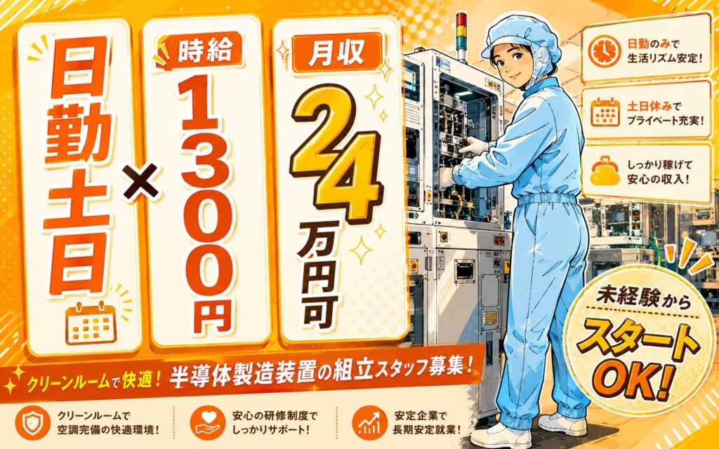 個室寮無料×時給1300円×日勤土日祝！クリーンルームで半導体製造装置の組立／月収24万円可・山梨甲斐