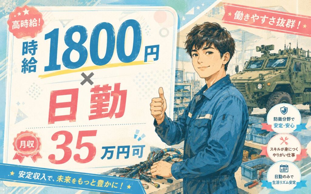 個室寮無料×時給1800円×日勤！防衛向け特殊車両のハーネス組立／月収35万円可・神奈川相模原・男性活躍