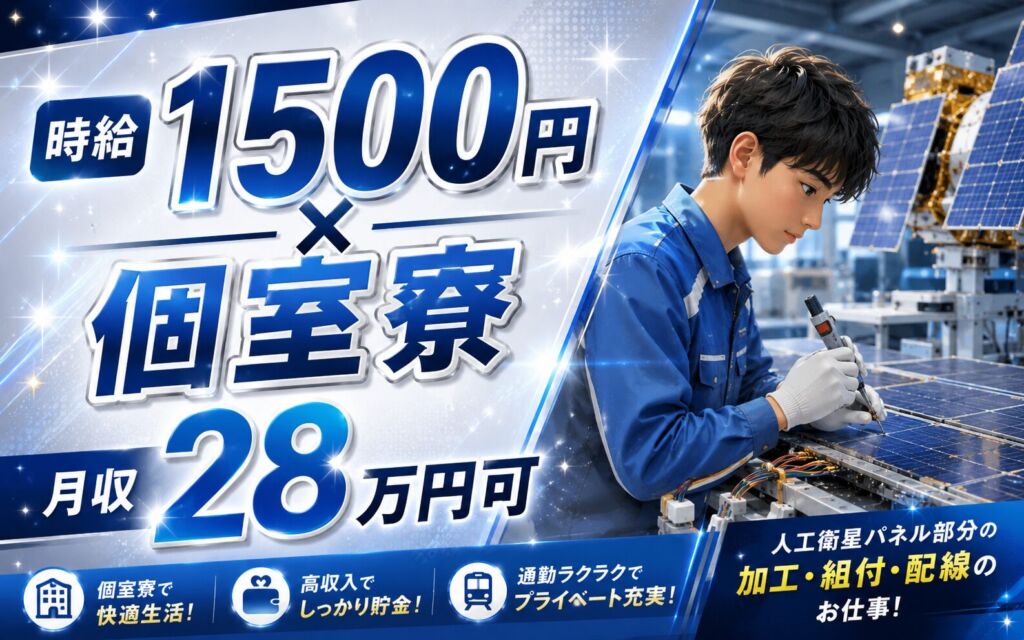個室寮×時給1500円！人工衛星パネル部分の製造（加工・組付・配線）／月収28万円可・神奈川相模原・男性活躍