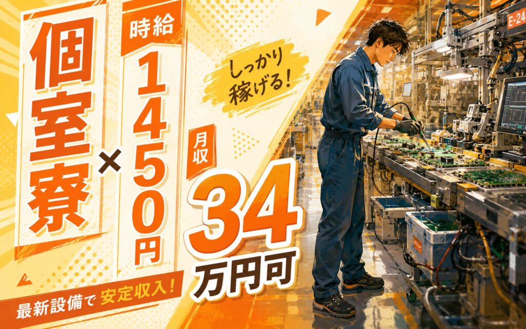 個室寮×時給1450円×2交替！自動車向け電子基板の製造／月収34万円可・神奈川秦野・男性活躍
