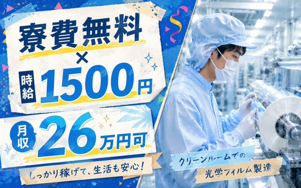 個室寮無料×時給1500円×3交替！クリーンルームで光学フィルム製造／月収26万円可・神奈川南足柄・男性活躍