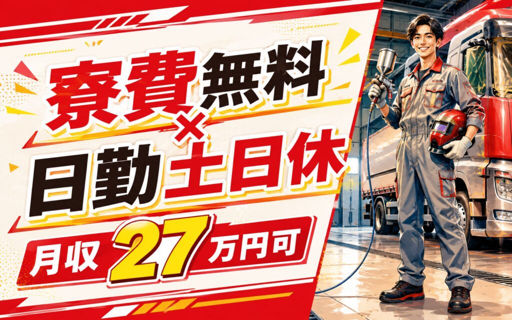 個室寮無料×時給1300円×日勤土日休み！トラックの塗装・溶接／月収27万円可・神奈川海老名・男女活躍
