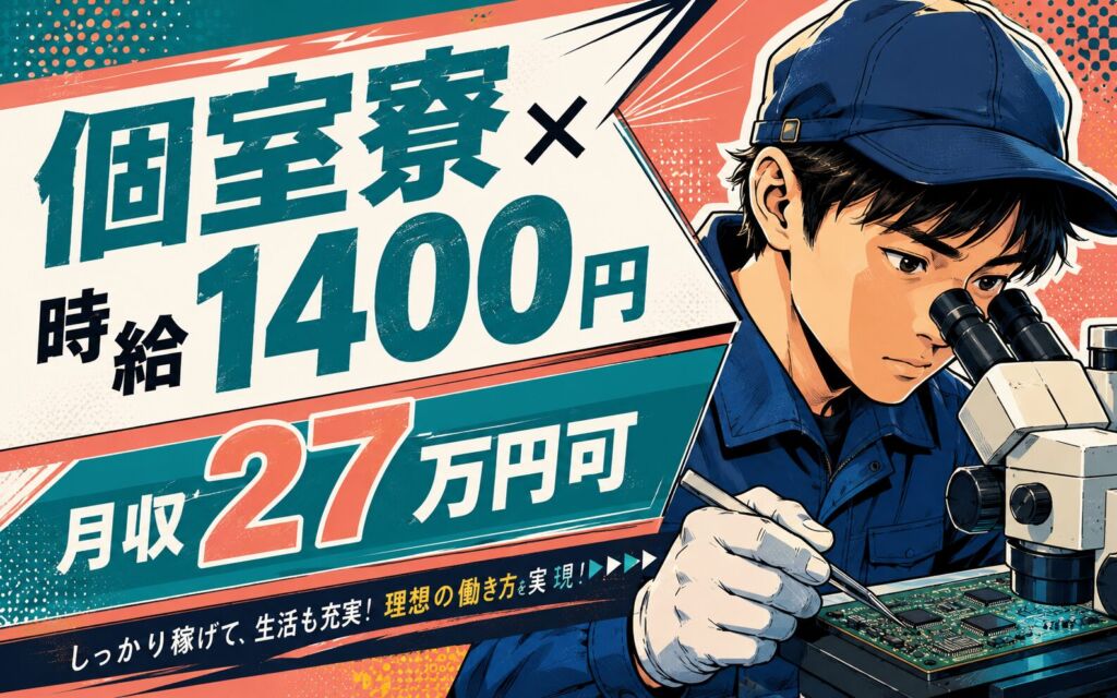個室寮×時給1400円×2交替！業務用プリンター基盤の顕微鏡検査／月収27万円可・神奈川厚木・男女活躍