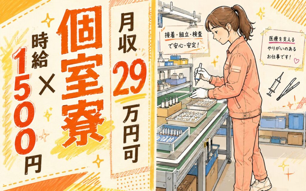 個室寮×時給1500円×2交替！医療品の接着・組立・検査／月収29万円可・静岡富士宮・女性活躍