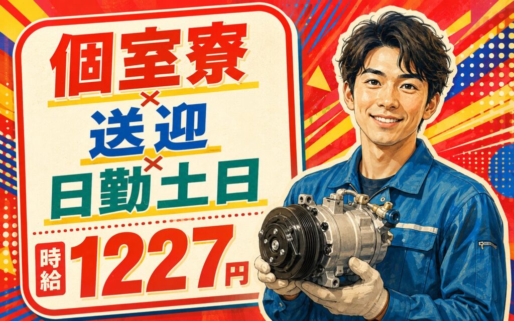 個室寮×送迎×時給1227円×日勤土日！エアコンコンプレッサーの組立／月収19万円可・静岡富士・男女活躍