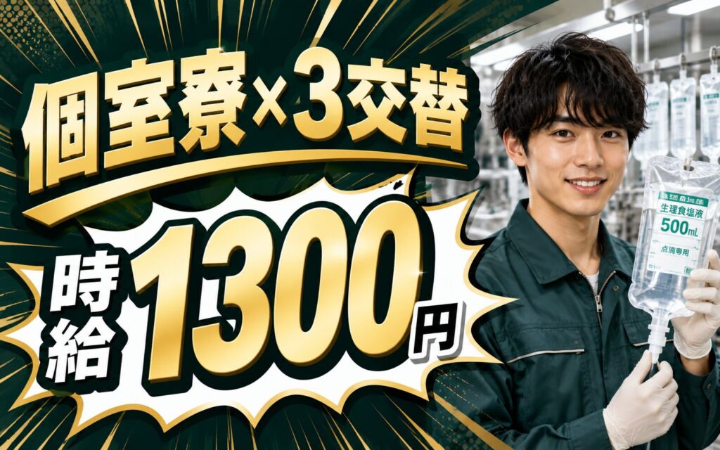 個室寮×時給1300円×3交替！点滴液・輸液の製造／月収22万円可・静岡焼津・男女活躍
