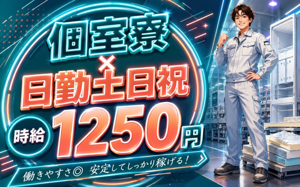 個室寮×時給1250円×日勤土日祝！冷蔵庫部品・断熱材の製造／月収26万円可・静岡静岡市・男性活躍