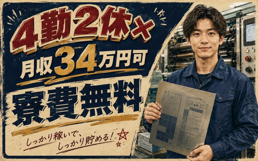 4勤2休×月収34万円可×寮費無料！印刷用刷版の製造・加工・包装／静岡吉田・男性活躍