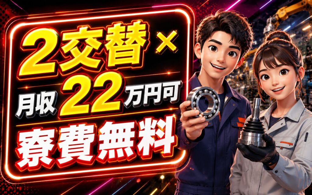 2交替×月収22万円可×寮費無料！ベアリング・等速ジョイントの製造／静岡磐田・男女活躍