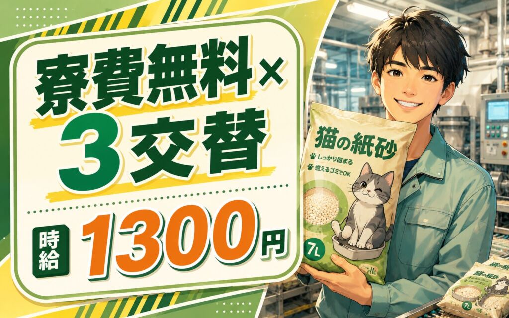 個室寮無料×時給1300円×3交替！猫の紙砂など製造オペレーター／月収23万円可・静岡島田・男性活躍