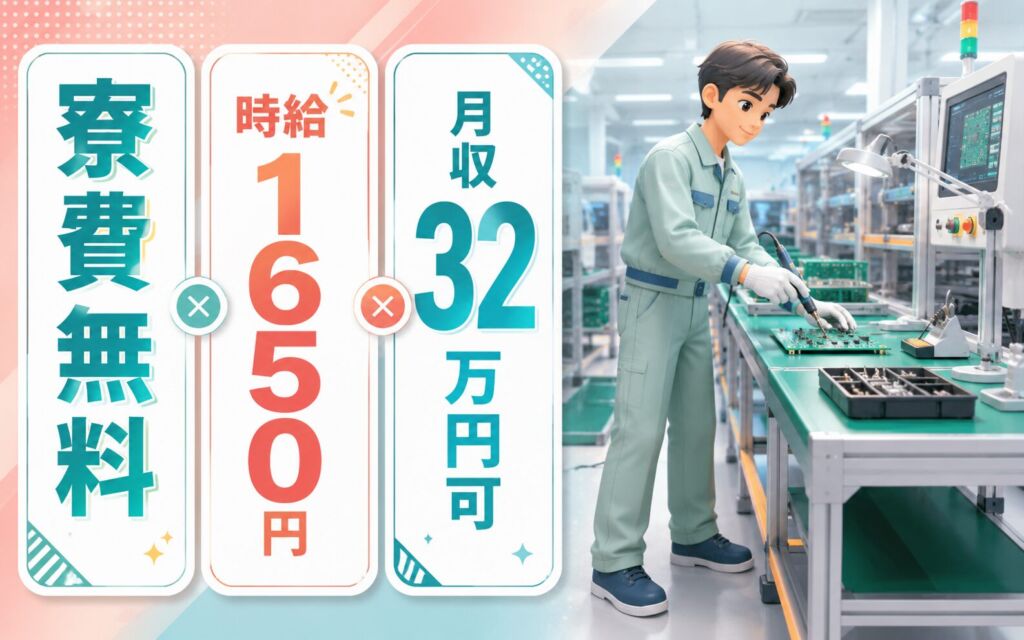 個室寮無料×時給1650円×2交替！電子プリント基板の組立加工／月収32万円可・長野上伊那・男女活躍