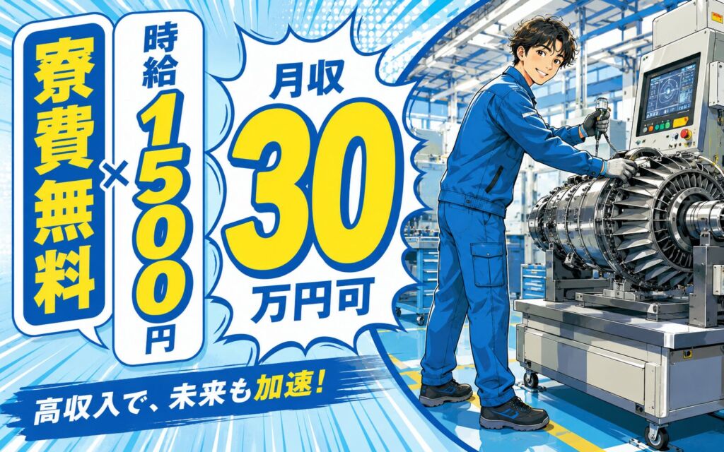 個室寮無料×時給1500円×2交替！ジェット機エンジン部品の加工・検査／月収30万円可・長野上伊那・男性活躍