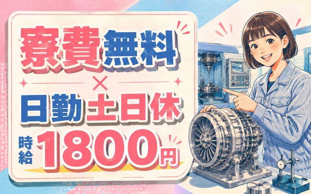 個室寮無料×時給1800円×日勤土日休み！航空・宇宙エンジンの機械加工・検査／月収32万円可・愛知小牧
