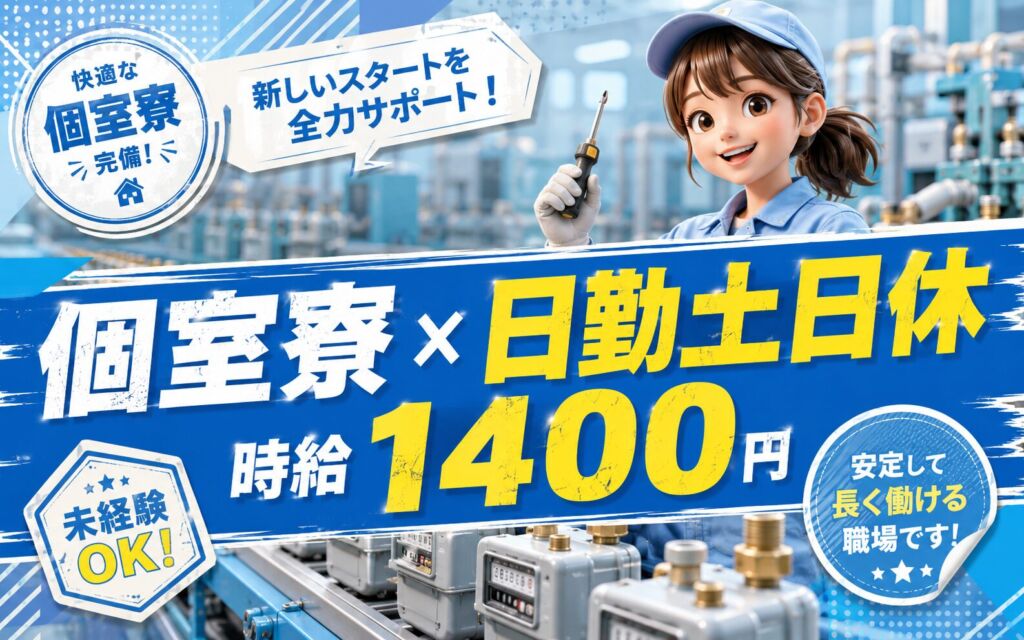個室寮×時給1400円×日勤土日休み！ガスメーターの製造／月収32万円可・愛知岡崎・女性活躍